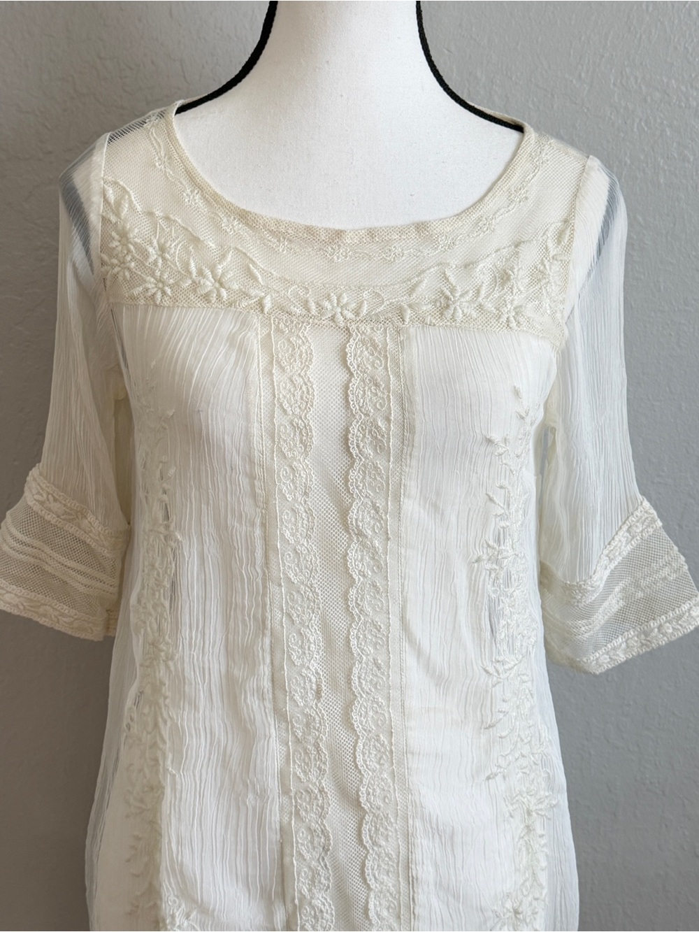 Lucky Brand Edwardian revival White Chiffon Lace Embroidered Mesh Tunic Dress XS